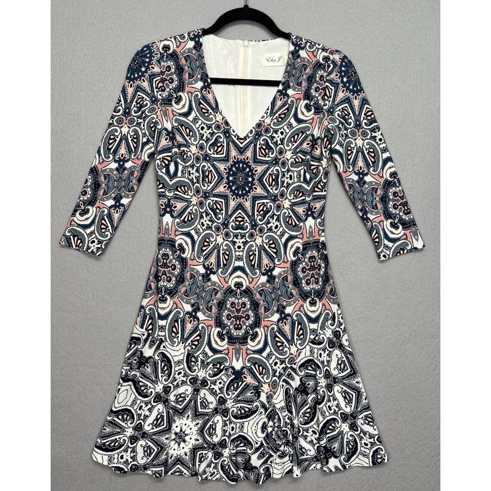 Eliza J Paisley Print Knit Dress V-Neck 3/4 Sleeves Navy, Teal & Pink Size 0P